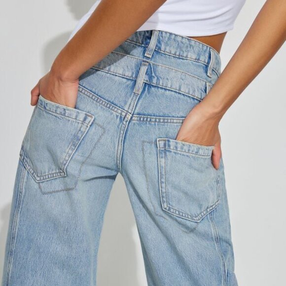 Wide Leg, Baggy Light Wash Jean : Double Belt Waist, Statement Denim. SIZE 1 - Picture 4 of 8